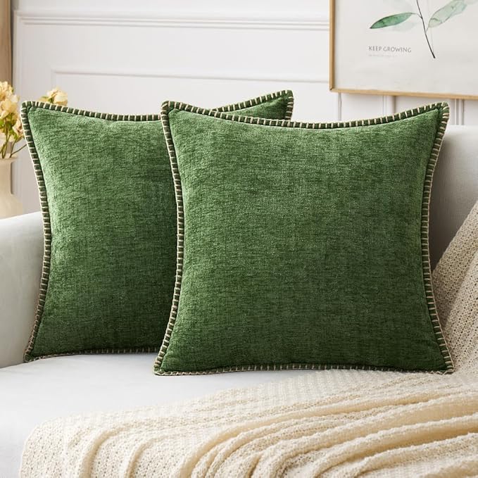 MIULEE Pack of 2 Christmas Pillow Covers 26x26 Inch Moss Green Farmhouse Decorative Throw Pillow Covers with Stitched Edge Soft Chenille Solid Dyed Couch Pillow Covers for Sofa Bed Living Room