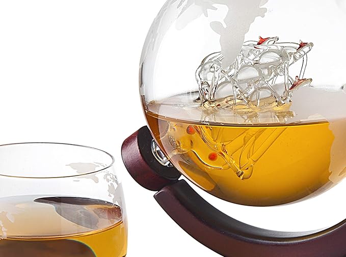 Godinger Whiskey Decanter Globe Set with 4 Etched Glasses for Liquor, Scotch, Bourbon, Vodka, Gifts for Men - 850ml Clear