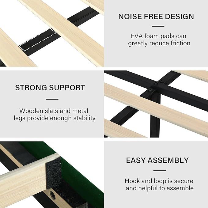 King Size Bed Frame, Velvet Upholstered Platform Bed with Vertical Channel Tufted Headboard and Footboard, No Box Spring Required, Easy Assembly, Green