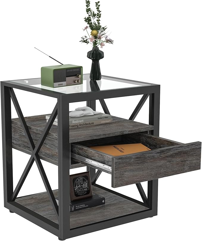 Farmhouse End Table Set of 2, Modern Side Table with Drawer&3-Tier Storage Shelf, Square Rustic Nightstand, Accent Tea Table, for Bedroom Office Living Room, Grey, Natural Wood, Glass, Metal