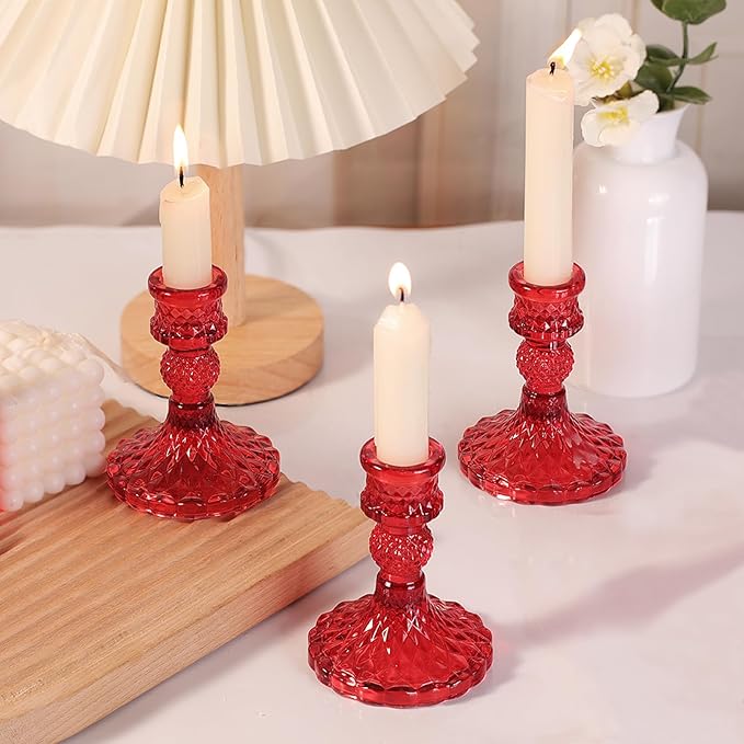 12Pcs Red Candlestick Holders Set- 4" H Taper Candle Holders Bulk, Glass Candle Holders for Activities, Party, Romantic Dinner Table Centerpieces, Festival Gifts & Windowsill Decor