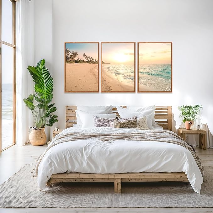Aurlan Tropical Beach Sunset Framed Wall Art(16"x24"), 3PCS Coastal Ocean Island Canvas Artwork, Vintage Seascape Landscape Scenery Decor Prints for Office Home