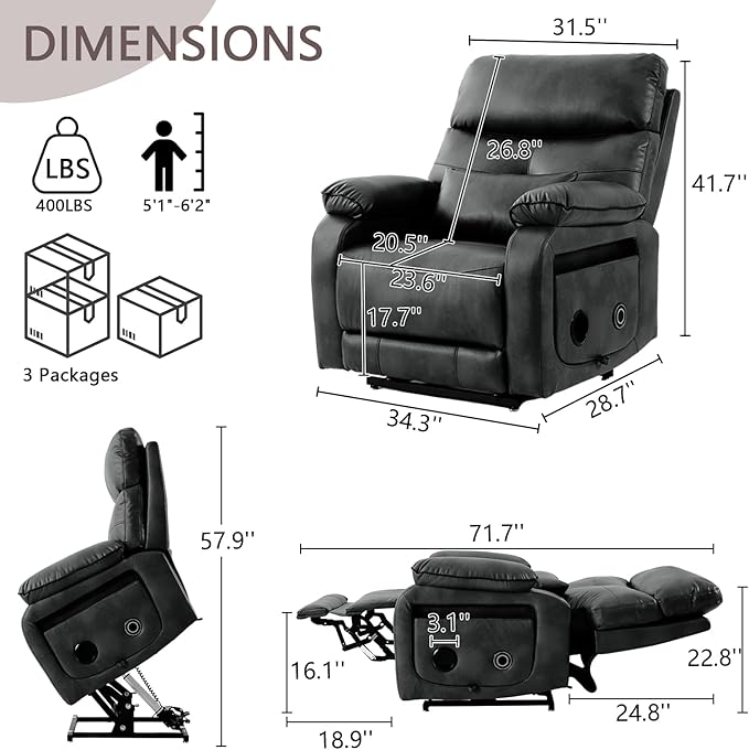 Dual Motor Power Lift Recliner Chair for Adult & Elderly, Infinite Position Lay Flat Lift Chair with Heat & Massage, Cup Holder, Lumbar Pillow, Wireless Charger, USB Ports, Leather (Silver Grey)