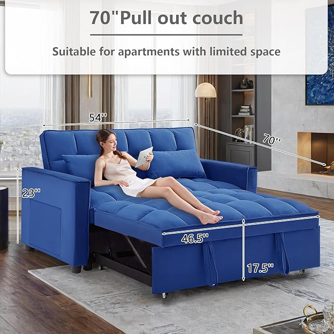 3 in 1 Convertible Sleeper Sofa Bed,Futon Loveseat Couch with Pull-Out Bed & Adjustable Backrest,Velvet Fabric Sofa with Side Pocket for Small Apartment, Living Room, Office (Blue)