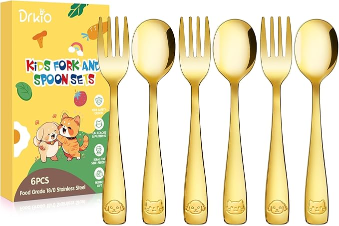 DRKIO Stainless Steel Toddler Utensils Set - 6 Pieces Kids Silverware Set Children Safe Food Grade Small Forks and Spoons Dishwasher Safe Mirror Polished