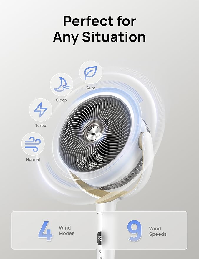 Dreo Fan for Bedroom, 120° Oscillating Standing Fan, Quiet Pedestal Fan with DC Motor, 9 Speeds, 4 modes, 20dB, 120° Manual Vertical, 37-42" Adjustable Height, 9H Timer, White