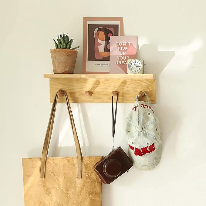 Entrance Coat Rack ，Coat Hooks, Wall-Mounted Wooden Hook Rack, Wall-Mounted Shelves are Very Suitable (Oak Colored Finish-1)