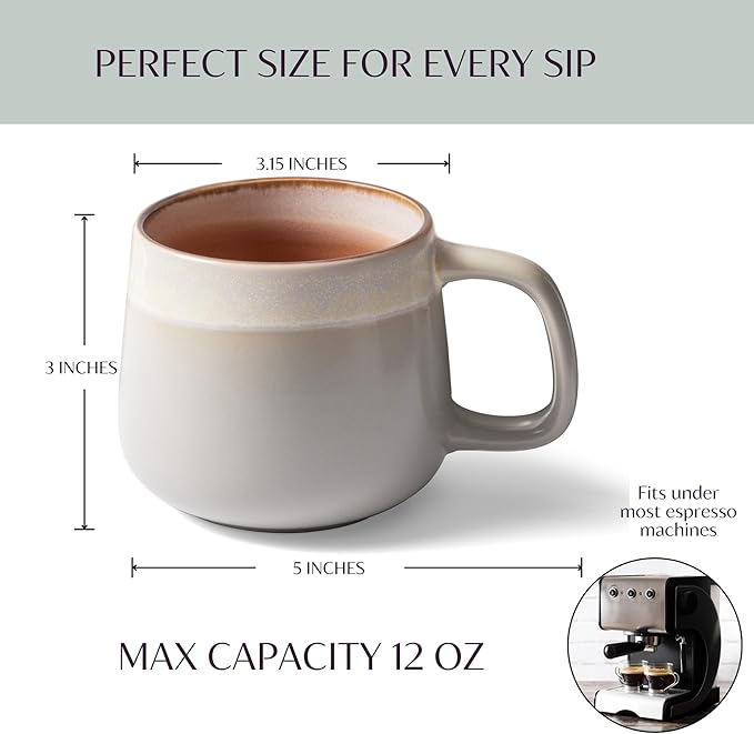 Ceramic Coffee Mugs Set of 4, 12 oz Stoneware Coffee Cups with Comfortable Handle for Latte, Tea, Cappuccino, Cocoa -Microwave and Dishwasher Safe - Modern Unique Aesthetic - Reactive Glaze