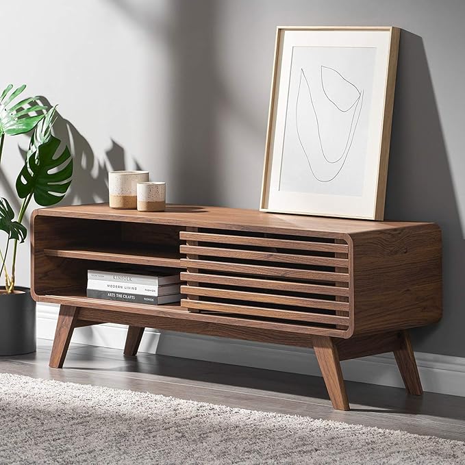 mopio Ensley TV Stand, Mid Century Modern for 55/60/65 inch TV, Farmhouse TV Stand, Entertainment Center with Storage, TV and Media Consol for Living Room (Walnut, 46")