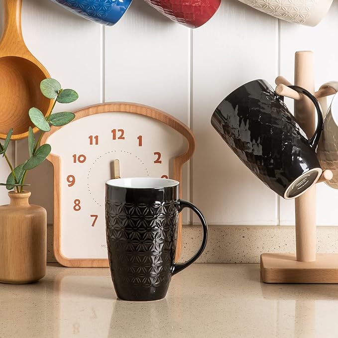 AmorArc Large Coffee Mugs Set of 6, 20oz Ceramic Tall Coffee Mugs Set with Textured Geometric Patterns for Latte/Tea/Beer/Hot Cocoa, Dishwasher & Microwave Safe, Black