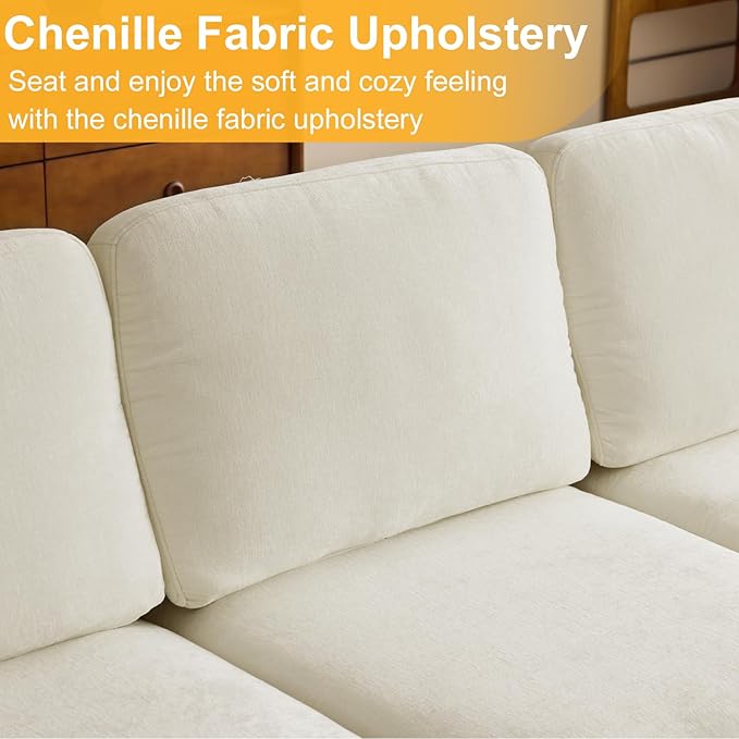 Karl home U-Shape Sectional Sofa Couch 111" Modern 4-Seat Sofa with Chaises Chenille Fabric Upholstered Covertible Couch with Wood Grain Legs for Living Room, Reception Room, Apartment, Beige