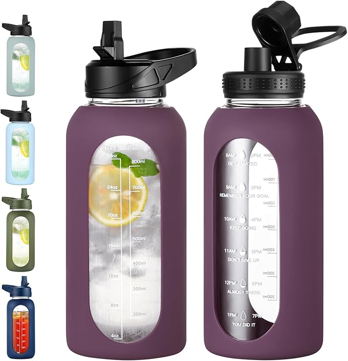 32 oz Glass Water Bottle with Straw and Handle, Sports Motivational Water Flask with Silicone Sleeve, Large Leakproof Water Flask Cup with Time Marker for Travel, Gym, Dark Purple