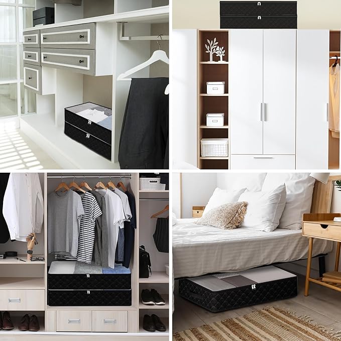 Fixwal Black Underbed Storage Bags with Clear Window and 2 Reinforced Handles Under Bed Storage Containers for Clothing, Bedding, Comforter (2 Pack)