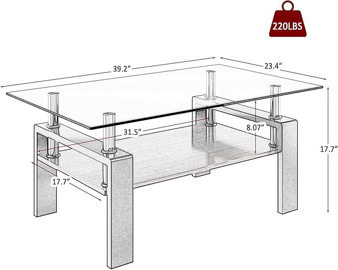 Glass Coffee Table Rectangle Living Room Center Table, with Gray Tempered Glass Tabletop and Brown MDF Layer,for Living Room and Office, Gray+Brown