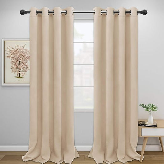 Easy-Going Blackout Curtains for Bedroom, Solid Thermal Insulated Grommet and Noise Reduction Window Drapes, Room Darkening Curtains for Living Room, 2 Panels (52x96 in,Beige)