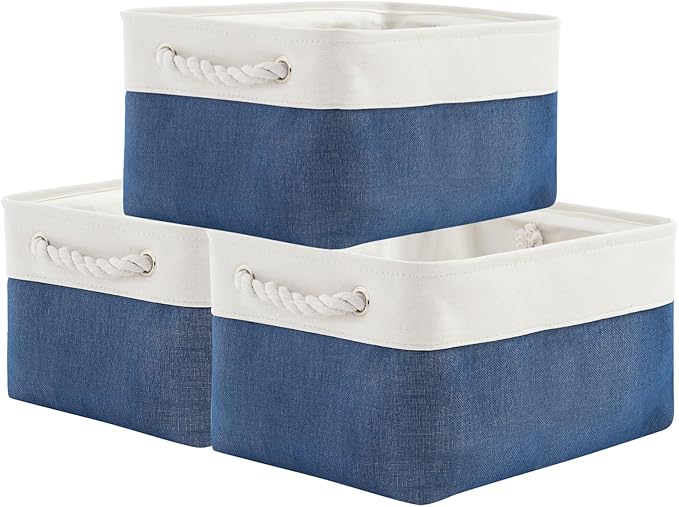 TheWarmHome Storage Basket for Organizing - Medium 3 Pack 14x10x7 inch Fabric Storage Cubes for Shelves with Rope, Collapsible Storage Bin for Organizer Closet Cloth Gift Toy (White & Jean Blue)