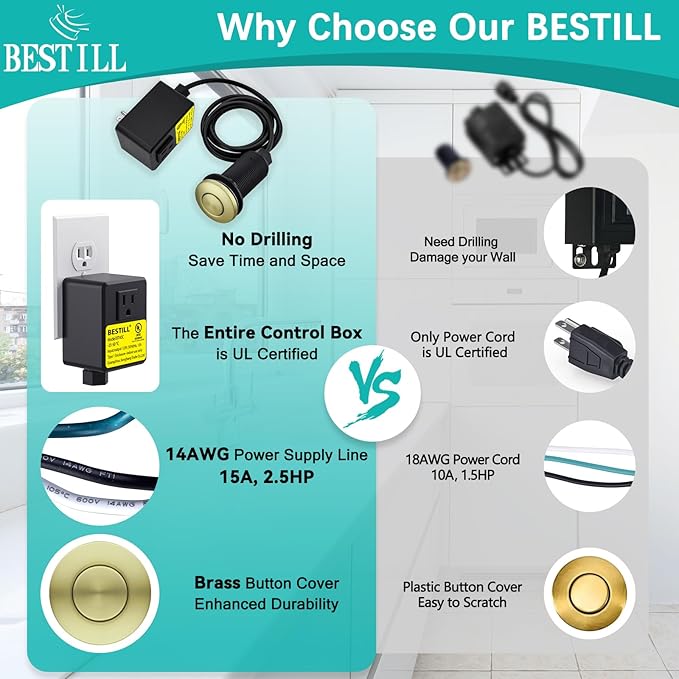 BESTILL Garbage Disposal Air Switch Kit - Brushed Gold Garbage Disposals Button, 3.6” Long Sink Top On/Off Push Button for Waste Disposer, Brass Made Cover, UL Listed, Compatible with all Disposers