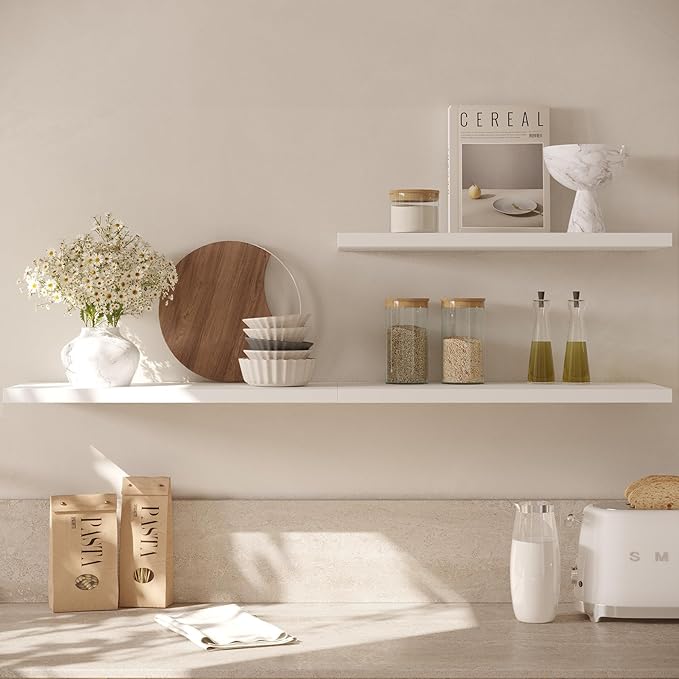 Wall Shelf Set of 2, White Floating Shelves 24 in W x 10 in D x 1 in H, Wooden Floating Wall Shelf with Invisible Brackets for Living Room/Bedroom/Bathroom/Kitchen Storage and Decor