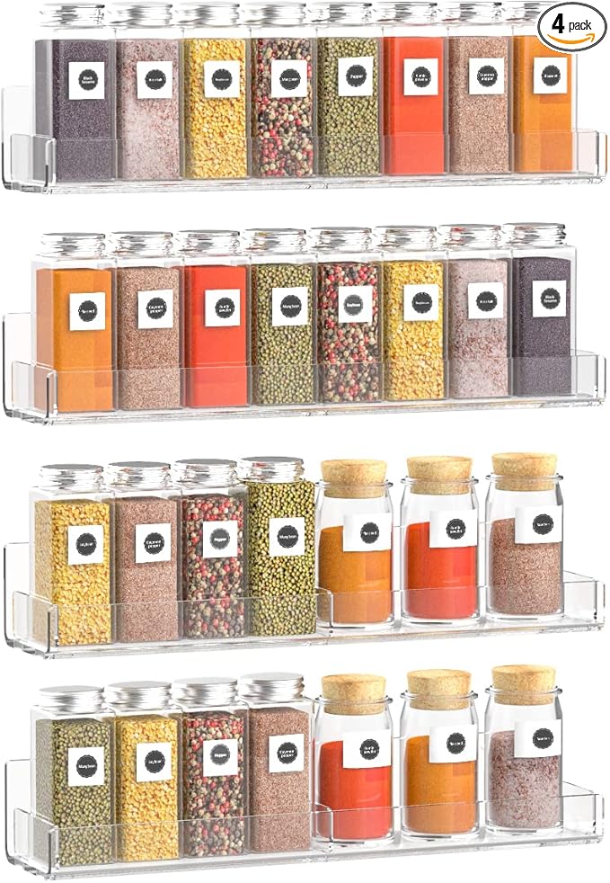 Acrylic Wall Spice Rack Organizer, Seasoning Rack Shelf Organizer, Clear Wall Mounted Spice Rack Condiment Organizer with Additional Removable Middle Divider, 4 Pack…