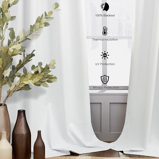 White Black Out Curtains 96 Inches Long for Bedroom 2 Panel Back Tab 100% Blackout Linen Retro Vintage Curtain Farmhouse Living Room Viral Coastal Drapes for Nursery Girls Boys Thermal Insulating 8ft
