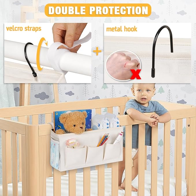 Bedside Caddy Bedside Organizer Bedside Storage Caddy with Fixed Straps and Water Bottle Holder for Home College Dorm Bunk Bed Hospital Bed Crib Bed Rails (White)