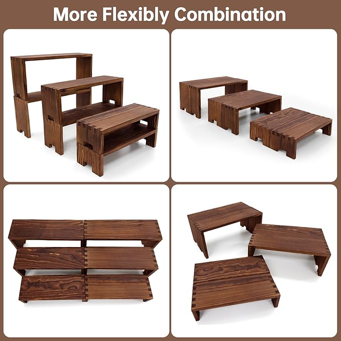 Display Wood Risers Wooden Stand 3 Tier Wood Racks Decorative Rectangular, 2 Set 6 Piece Cupcake Stands Cologne Perfume Organizer Dessert Showcase(Brown)