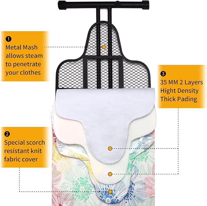 Extra Large Ironing Board with Hang Rail and Iron Rest 63" L x 20" W (Large with Iron Rest (Floral Cover))