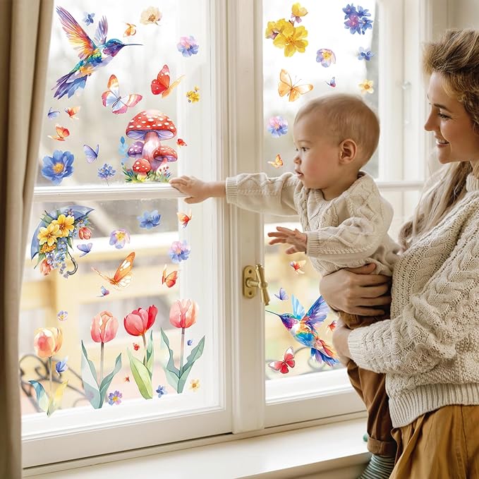 DC-BEAUTIFUL 116 PCS Spring Window Clings, 9 Sheets Double-Sided Hummingbird Butterfly Flower Easter Window Stickers, Reusable Static Floral Window Decals for Home School Office Party Decors