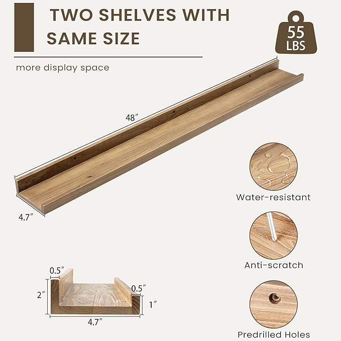 Floating Shelves for Wall, Picture Ledge Shelf 48 Inch Solid Wood Set of 2, Rustic Wall Shelves with Lip, Kids Bookshelf, Photo & Picture Live Edge Floating Shelves for Bedroom, Living Room, Kitchen