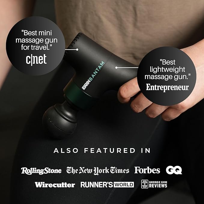 Ekrin Athletics Bantam Mini Massage Gun - Compact Deep Tissue Muscle Massager with Adjustable Speeds & 4 Attachments - Long Battery Life, Lightweight, Travel Friendly