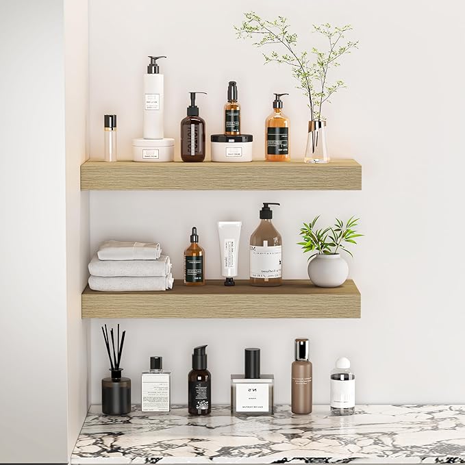 Fun Memories Floating Shelves - 16 Inch Wall Shelf for Decor & Storage - Wall Mounted Display Shelving with Invisible Heavy Duty Metal Bracket 2Pack, Oak