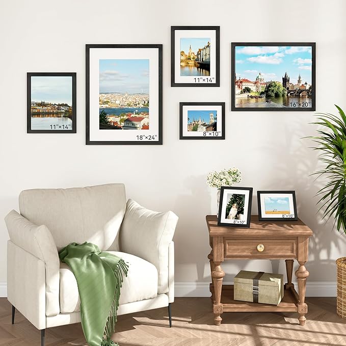 IBUYKE 11 x14 Picture Frame,Set of 3,Solid Oak Wood 11x14 Photo Frame with Mat to 8x10,11x14 Picture Frames With Tempered Glass,Wall Mount Display,Home Decor,Black Oak 14 x 11 Frame,UWPF1114B-3