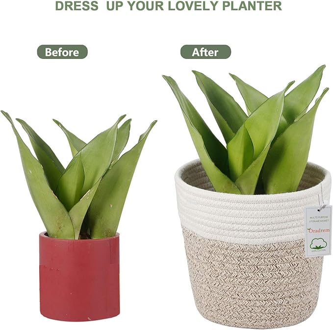 Cotton Rope Plant Basket Modern Woven Basket for 6" Flower Pot Floor Indoor Planters,Rustic Home Decor Storage Organizer H6 3/4" x W6 1/2"