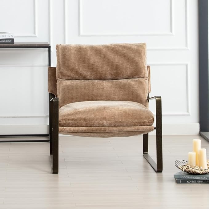 DUOMAY Mid-Century Accent Chair Armchair, Comfy Chenille Leisure Chair Lazy Chair with Brozen Metal Leg for Living Room Bedroom Office Apartment, Khaki