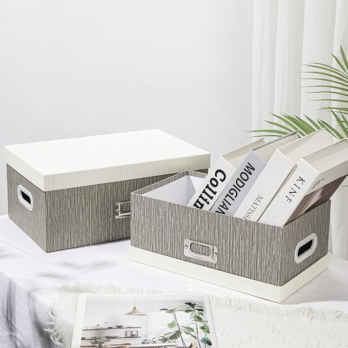 Briful Set of 2 Decorative Storage Boxes with Lids – Gray & White Nesting Organizer Bins, 14'' + 13'' Set Rectangular Fabric Covered Cardboard Boxes for Office, Closet, or Home Decor