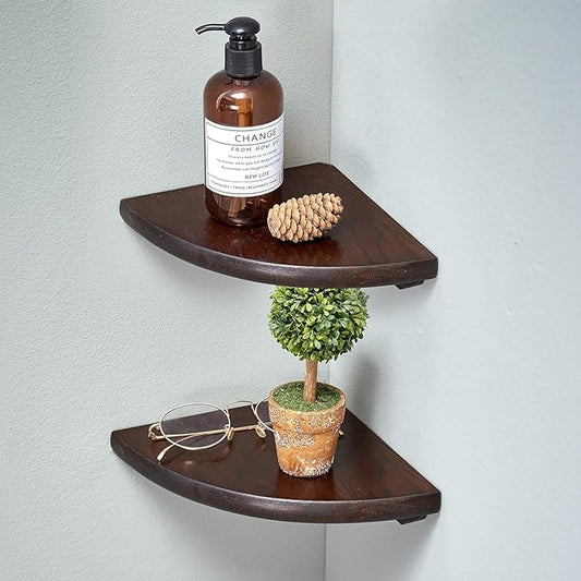 Corner Shelves, Floating Corner Shelf, Set of 2 7inch Solid Oak Wood Corner Wall Shelves, Round End with Wire Hole for Small Plant for Bedroom Kitchen, Living Room