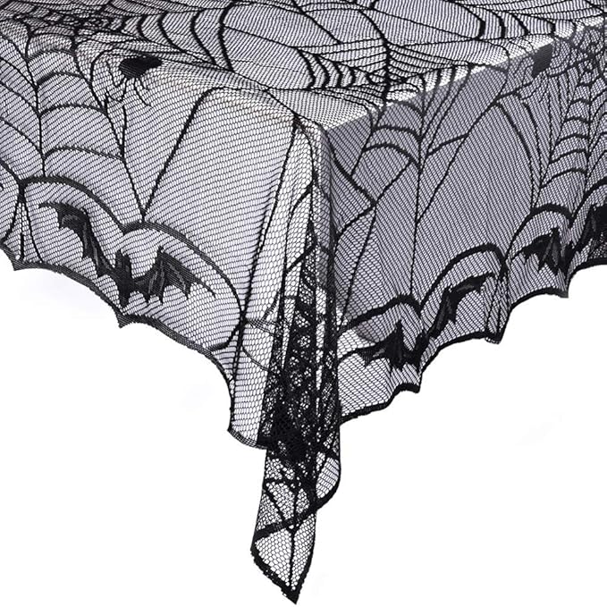 eZAKKA Halloween Table Cloth, Spider Web Table Cloth Black Tablecloth Lace Fabric Table Cloths Halloween Table Cover for Rectangle for Parties Gothic Spooky Home Decorations, 48x96 Inch