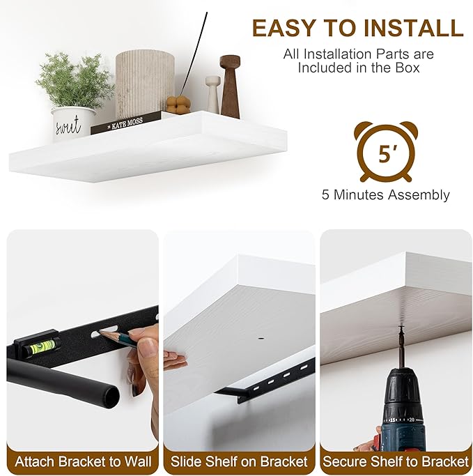 Fun Memories White Floating Shelves 16 Inch Long, 8 Deep Floating Shelf Wall Mounted, 16 x 8 Inch Wooden Bathroom Shelves, Deep Storage Shelves for Living Room, Kitchen, Set of 2