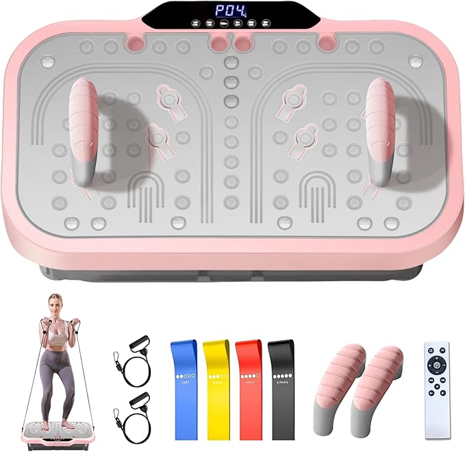 Vibration Plate Exercise Machine, Vibrating Fitness Platform Whole Body Shake Board Workout Equipment Fat Burner Vibrate Stand with Bluetooth Resistance Bands for Women Men Home Sport Gym-Pink