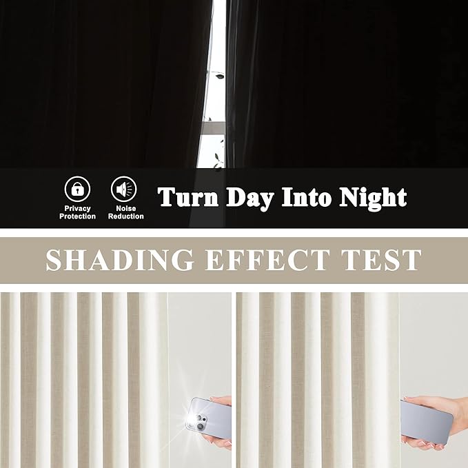 Vision Home Natural Pinch Pleated Full Blackout Curtains Linen Blended Room Darkening Window Curtains 63 inch for Living Room Bedroom Thermal Insulated Pinch Pleat Drapes with Hooks 2 Panel 40"Wx63"L