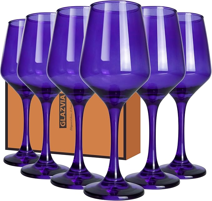 Purple Wine Glasses Set of 6-12oz Purple Long Stem Wine Glass Cups, Pretty Crystal Glassware, Hand Blown Goblets Drinkware, Unique Drinking Stemware Holiday Gift Set