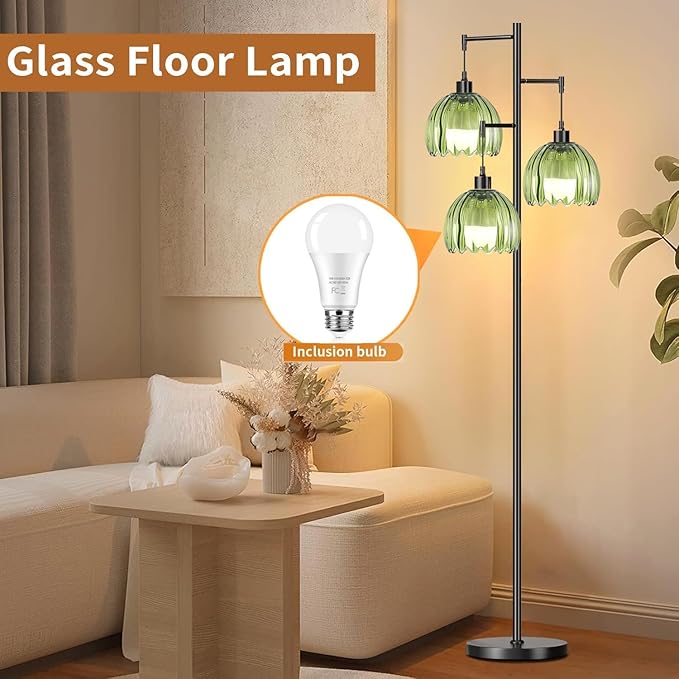 Glass Gold Floor Lamp for Living Room,Bedroom,Mid Century Modern Standing Lamp Brass Tree 3 Light Tall Floor Lamps Vintage Retro Floor Lights Green Flower Lamp Shade Farmhouse Boho Bohemian