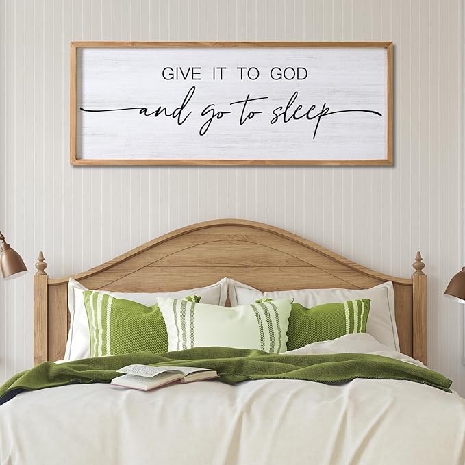 Give It to God and Go to Sleep Decorative Rustic Sign & Plaque Framed Wall Art for Couples, 40''×15'' Vintage Cottagecore Wooden Horizontal Wall Decor Above Bed, Farmhouse Wedding Gift for Bedroom