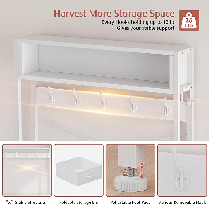 Lulive Hall Tree with Bench and Shoe Storage, 31.5" Coat Rack Freestanding with 2-Tier Storage Shelf, 5-in-1 Entryway Bench Coat Rack with 12 Hooks and 3 Drawers(White)