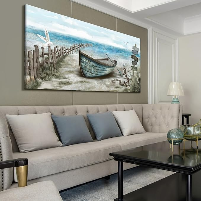 amatop Extra Large Wall Art for Living Room Rustic Coastal Décor Canvas Print Seagull Vintage Ship Sea Bird Artwork Blue Nature Big Beach Landscape Painting Seaside Ocean Picture for Bedroom Décor