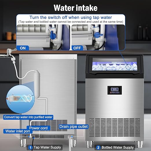 Commercial Ice Maker Machine 350 LBS/24H, 136 Ice Trays Freestanding & Undercounter Ice Machine Stainless Steel with 60 LBS Ice Storage Capacity, Ice Maker with Water Line and Filter, Dual Water Inlet