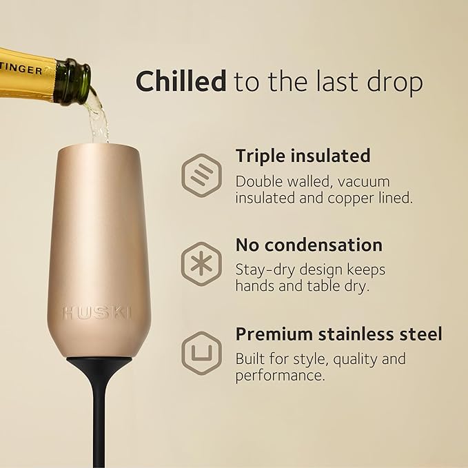 Huski Champagne Flute | NEW | Award-winning Design with Detachable Stem | Premium Stainless Steel Champagne Glass with Lid | Triple Insulated Tumbler | 8oz Capacity | Great Gift (Brushed Stainless)