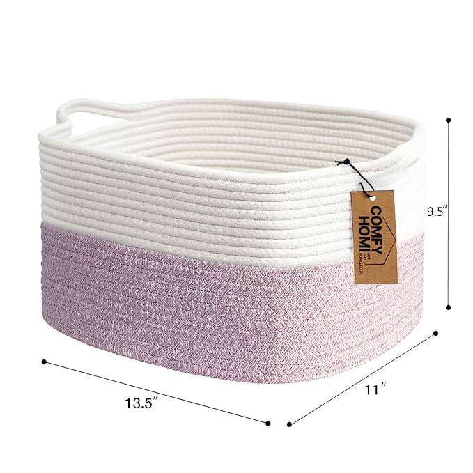 COMFY-HOMI Cotton Rope Woven Medium Basket with Handles for shelf，Cloth Storage Basket for Organizing-13.5X11X9.5 Storage Bin for Bedroom, Newborn or Infant Gift for boy girl （White/Pink）