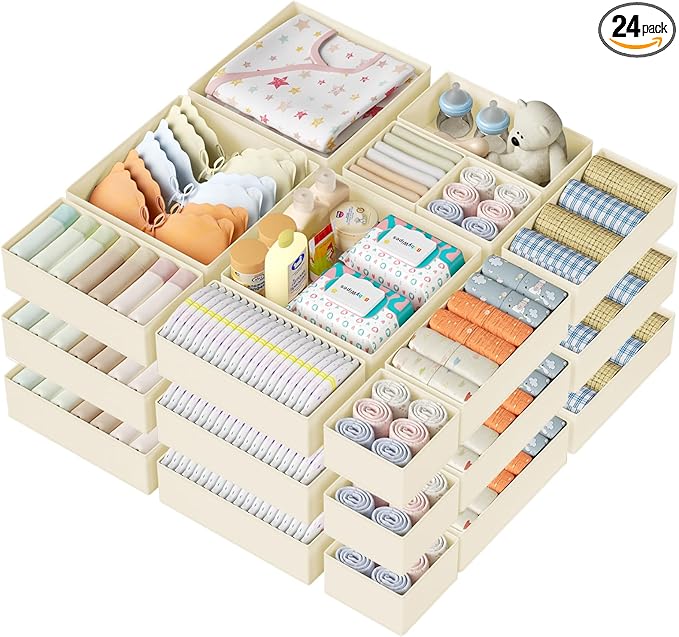DIMJ Drawer Organizer Clothes 24 Pack - Foldable Baby Organizers and Storage & Dresser Organizer for Bedroom, Closet - Nursery Organization Dresser Dividers for underwear, Sock,Bra, Belt, Tie