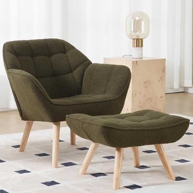 Green Sherpa Accent Chair with Ottoman ，Modern Reading Chair with Ottoman Set, Comfy Fuzzy Armchair Living Room Chair Lounge Chair with Wood Legs for Small Spaces Bedroom Apartment